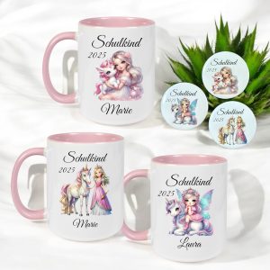 Schulkind 2025 Personalisierte Tasse mit Prinzessin-Motiv, Fee, Einhorn, Füllung Schultüte, inklusive Schulkind Button 5,8cm