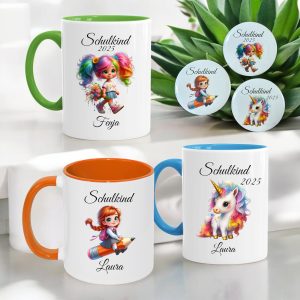 Personalisierte Schulkind 2025 Tasse mit Button, Tasse mit Einhorn, Mädchen, Geschenk zur Einschulung, inklusive Schulkind Button