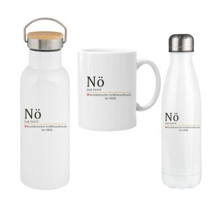 Nö -Norddeutsche Geschenkset, Thermosflasche 500ml/750ml mit Bambus-/Edelstahldeckel und Keramiktasse 330ml, Weiß mit Spruch – NEIN – Ausruf