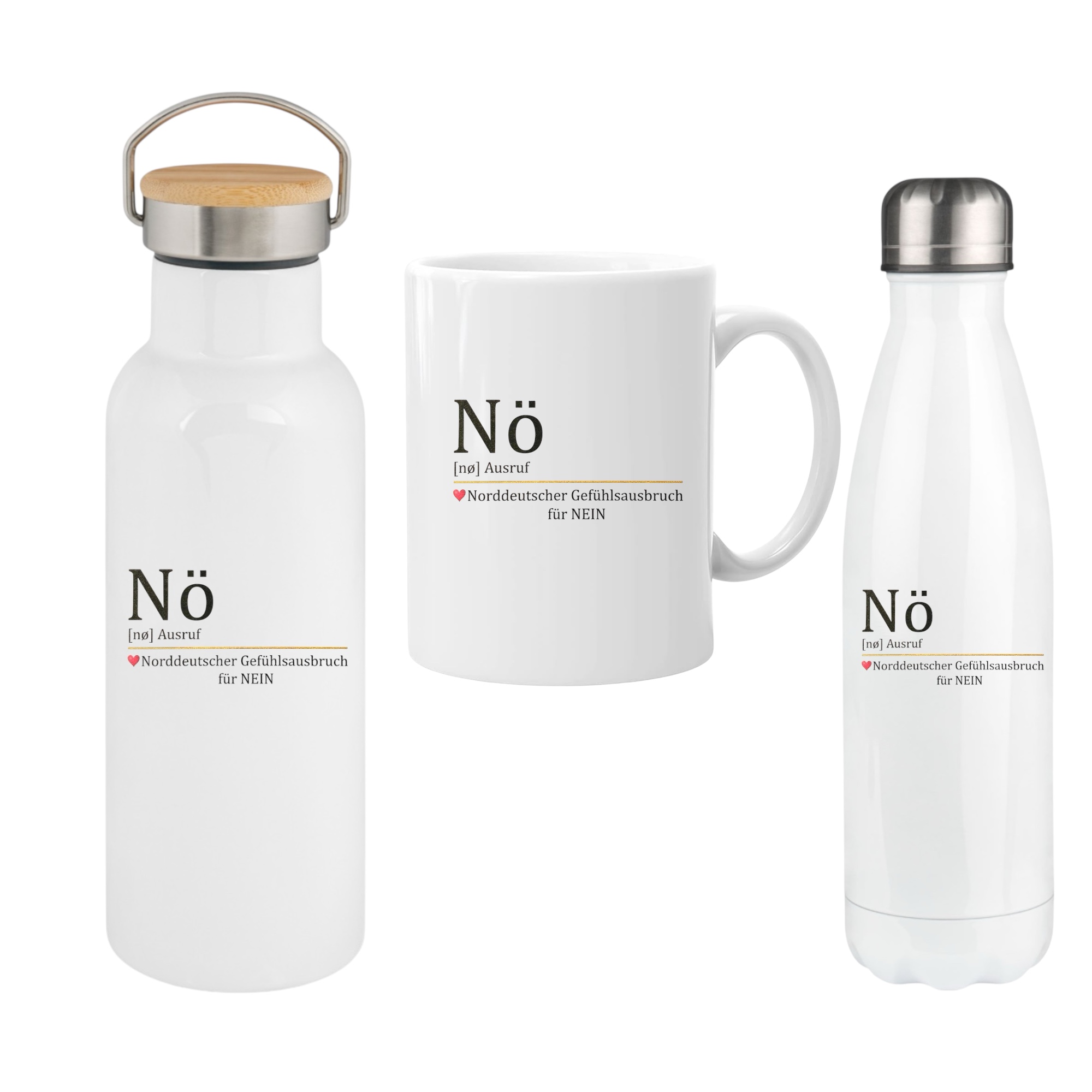 Nö -Norddeutsche Geschenkset, Thermosflasche 500ml/750ml mit Bambus-/Edelstahldeckel und Keramiktasse 330ml, Weiß mit Spruch – NEIN – Ausruf