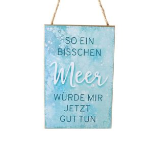 Dekoratives Schild Holz 10x15cm “Bisschen Meer” zum Hängen, weiß/blau, maritim