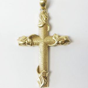 Anhänger großes christliches Kreuz gehämmert mit Blumen Second Hand Gold 585